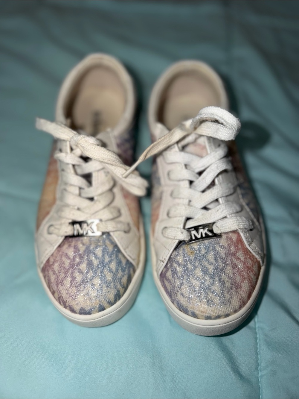 Michael Kors Kids White Sneakers with Pastel Rainbow MK Print
